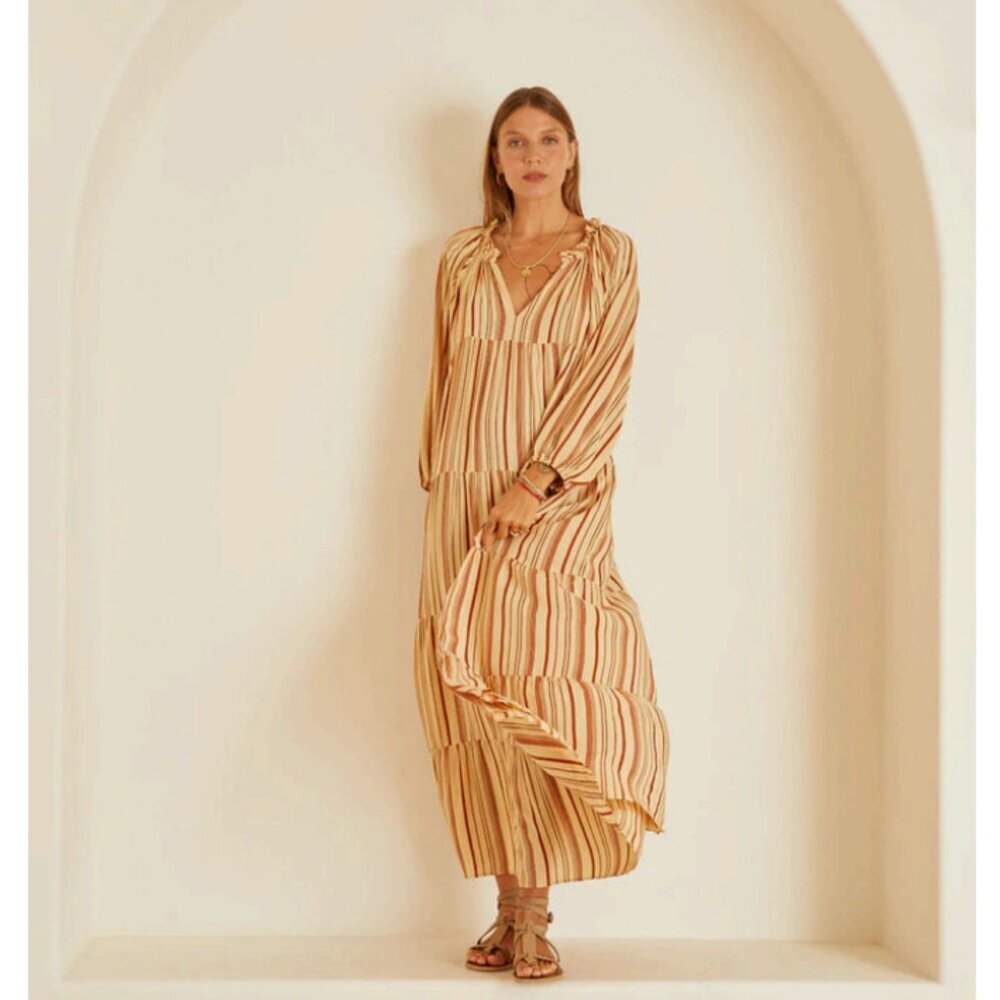 Natalie Martin Rose Tiered Midi Dress Thick Cocoa Butter Stripe Size XS